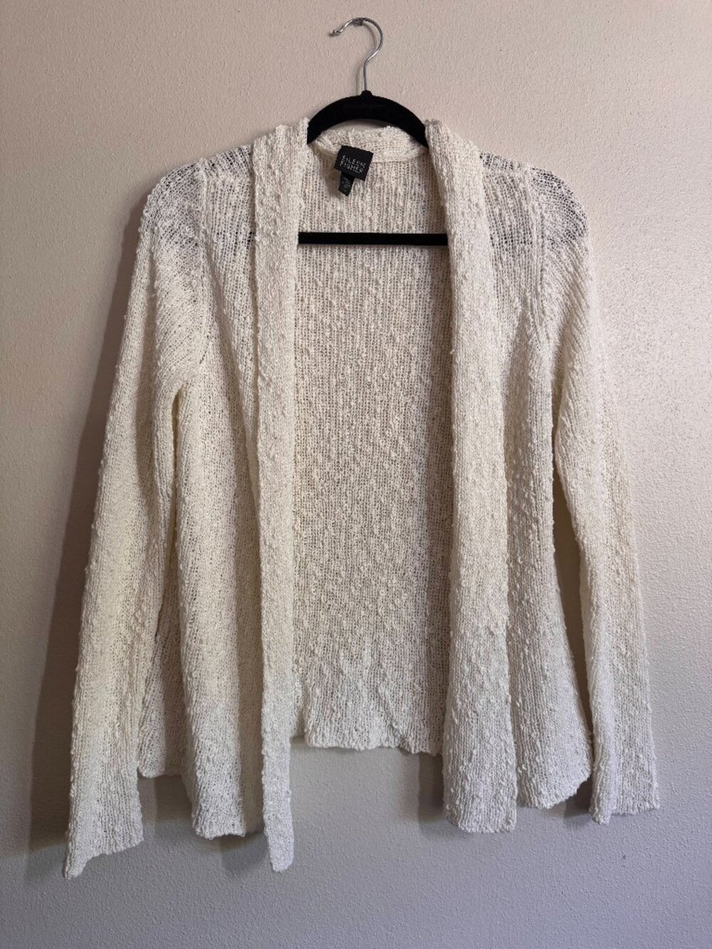 Eileen Fisher Ivory Cotton Blend Textured Open Knit Cardigan Medium